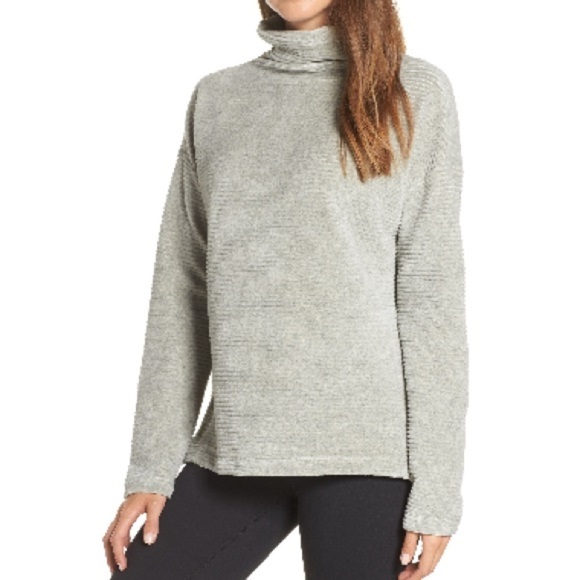 Zella Bright Side Funnel Neck Ribbed Velour Pullover in Gray Crystal Size Medium - Picture 1 of 11
